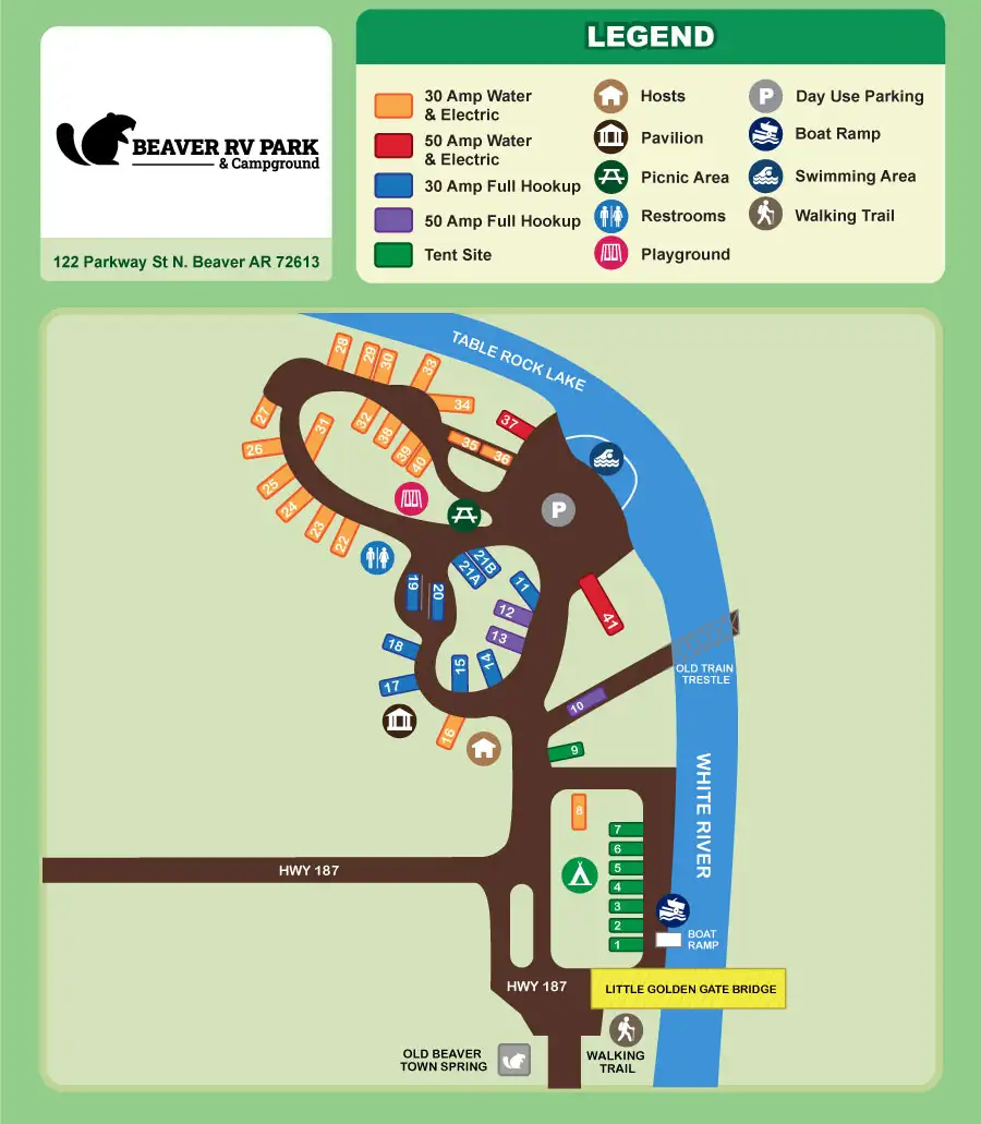 map showing locations of individual campsites at Beaver Arkansas RV Park and Campground